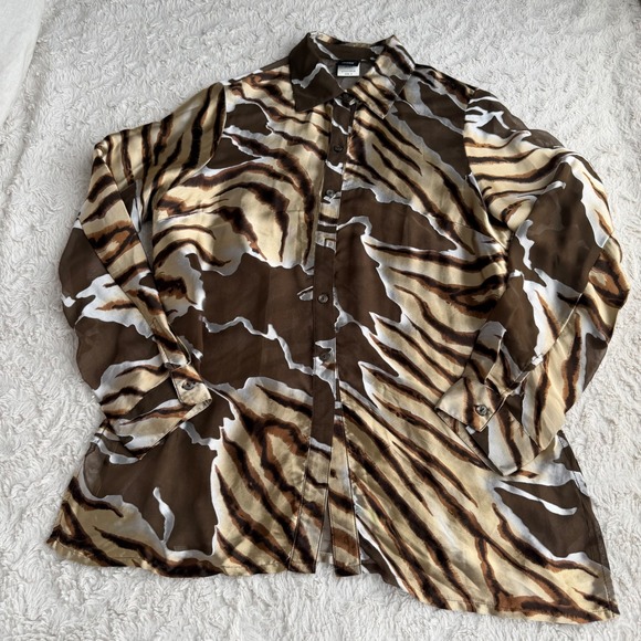 Sharon Young Tiger Zebra Silk Sheer Button Down Blouse Animal Print Brown M - Picture 11 of 14